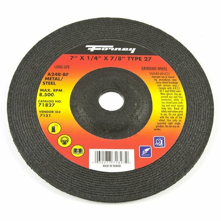 FORNEY Grinding Wheel, Metal, Type 27, 7 in x 1/4 in x 7/8 in 71827